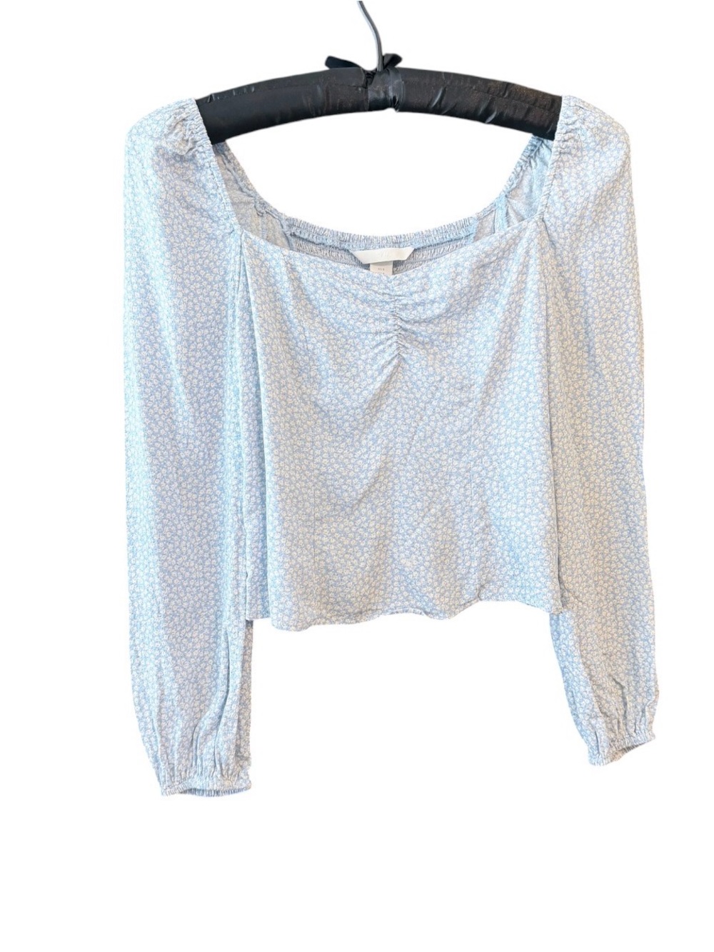 H&M Pale Blue Yellow Ditsy Floral Puff Sleeve Peasant Boho Festival Blouse